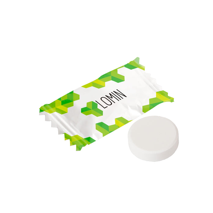 Druivensuiker pepermuntje in flowpack van witte folie met full colour bedrukking