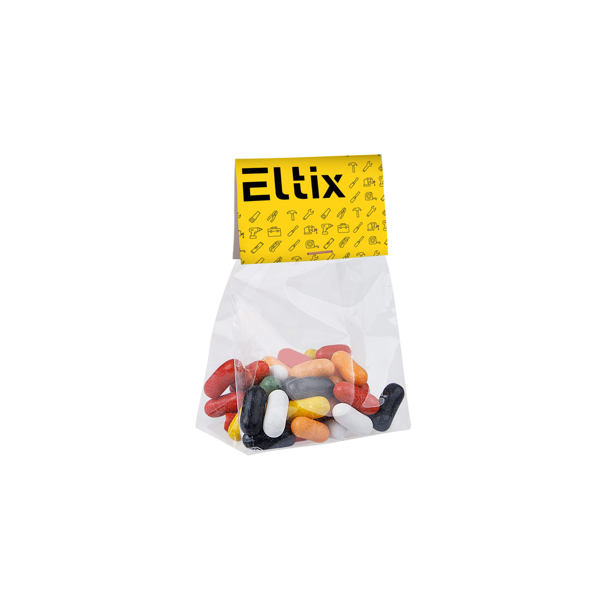 Transparant blokzakje gevuld met 50 gram snoep en een full colour bedrukt kopkaartje: Dropstaafjes mix