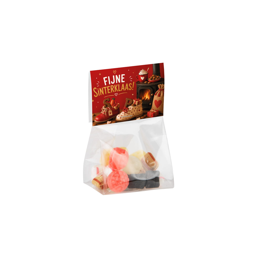 Transparant blokzakje gevuld met 50 gram snoep en een full colour bedrukt kopkaartje: Oud Hollandse mix