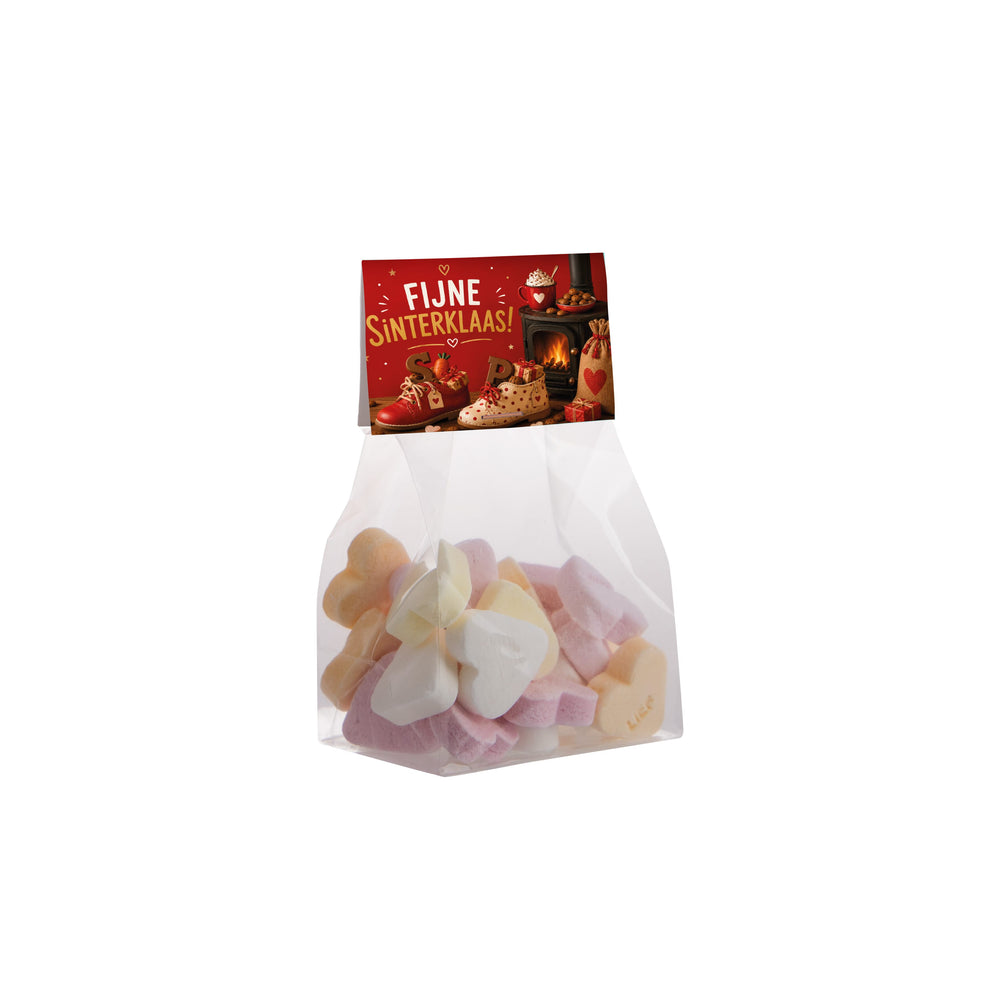 Transparant blokzakje gevuld met 50 gram snoep en een full colour bedrukt kopkaartje: Vruchtenhartjes