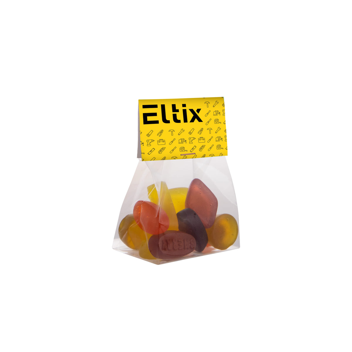 Transparant blokzakje gevuld met 50 gram snoep en een full colour bedrukt kopkaartje: Winegums