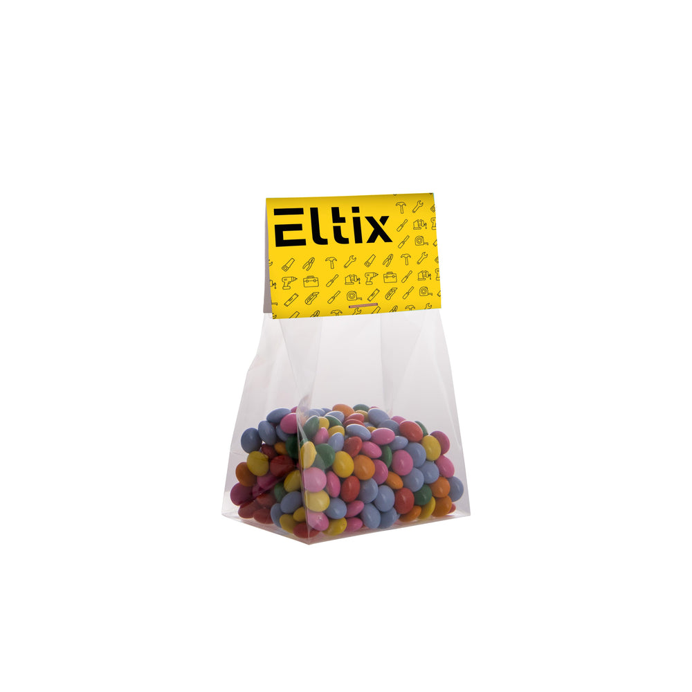 Transparant blokzakje gevuld met 50 gram snoep en een full colour bedrukt kopkaartje: Mini choco