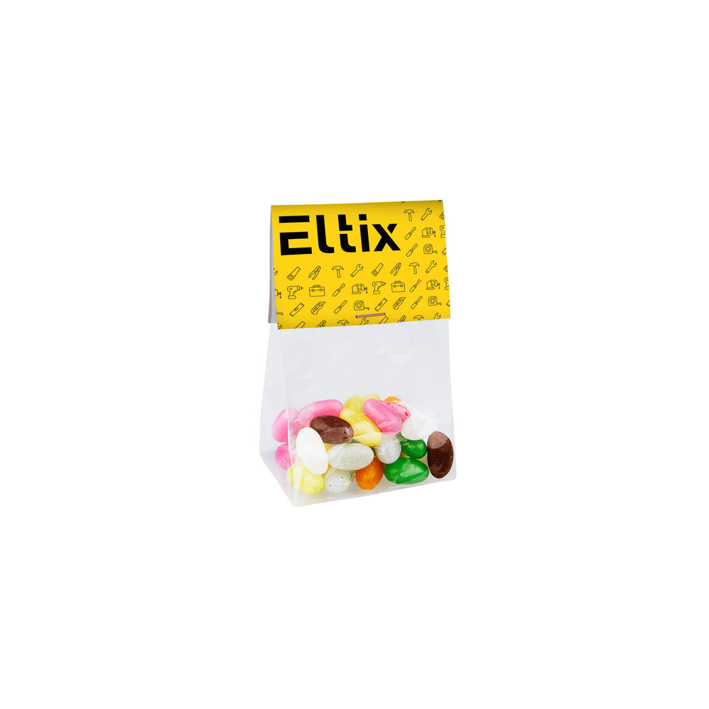 Transparant blokzakje gevuld met 50 gram snoep en een full colour bedrukt kopkaartje: Jelly beans