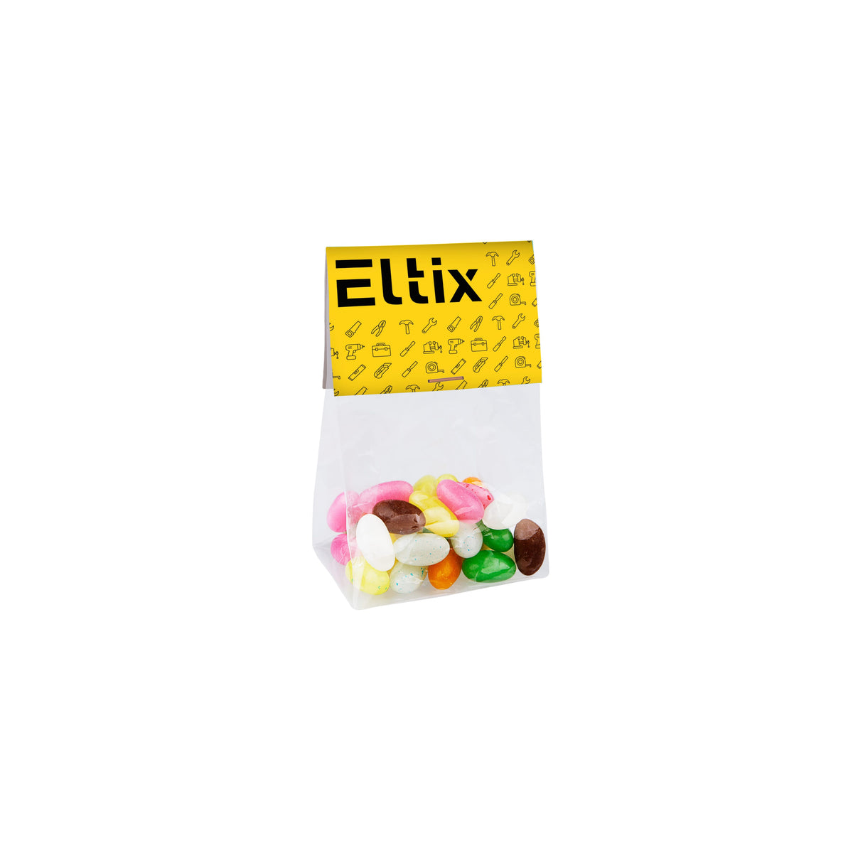 Transparant blokzakje gevuld met 50 gram snoep en een full colour bedrukt kopkaartje: Jelly beans