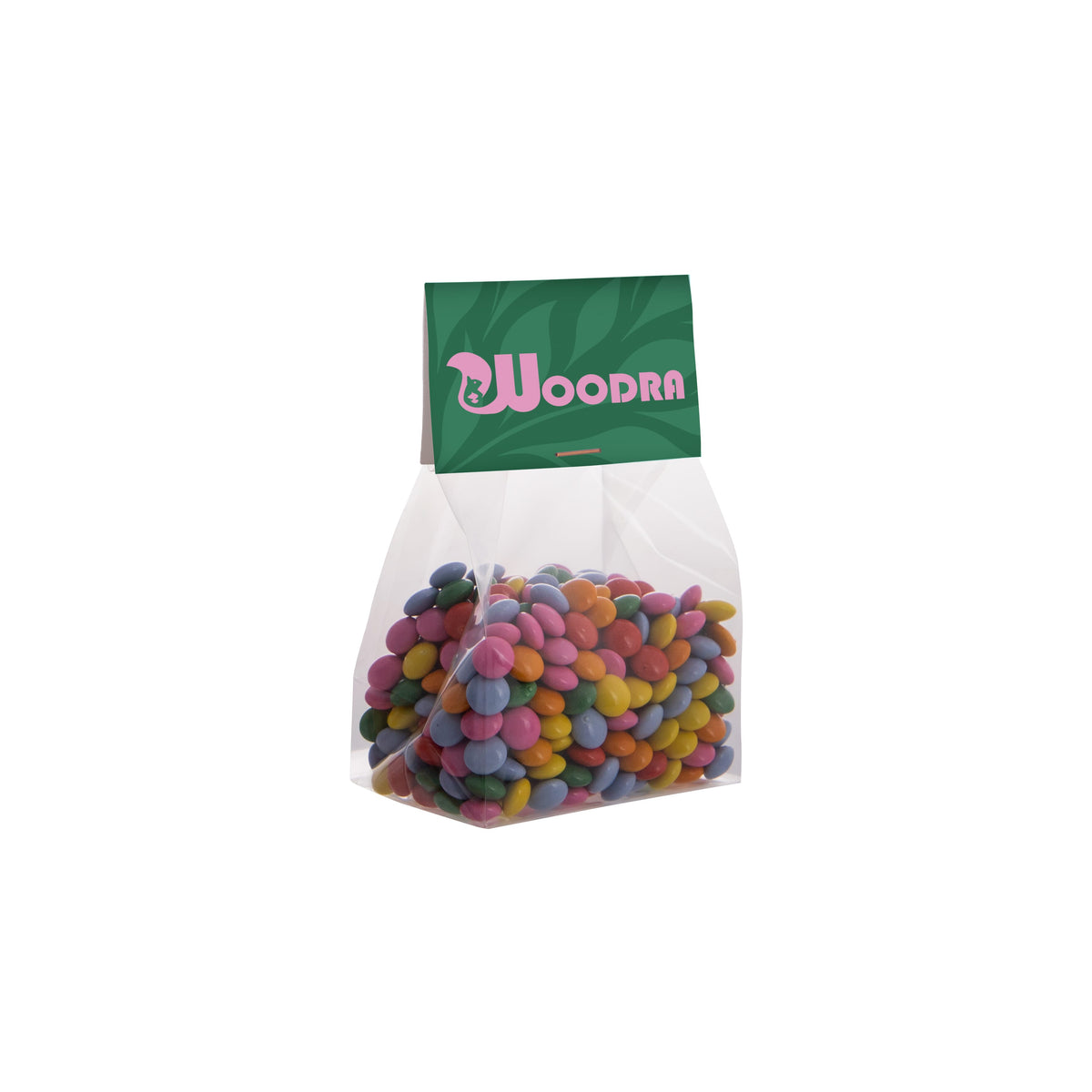 Blokzakje met 100 gram snoep en kopkaartje met eigen opdruk: Mini choco