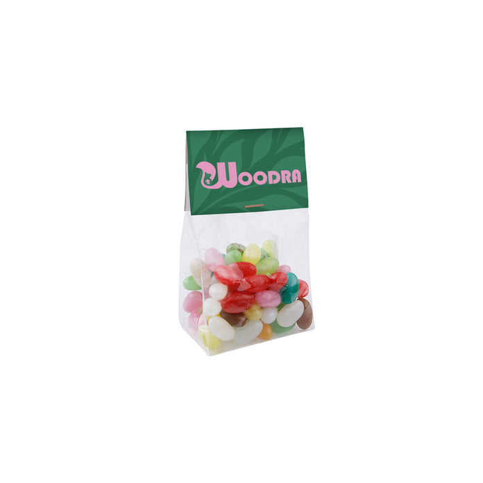 Blokzakje met 100 gram snoep en kopkaartje met eigen opdruk: Jelly beans