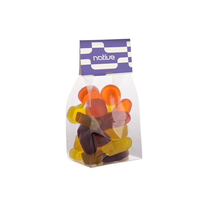 Transparant blokzakje van 14 cm hoog met 150 gram snoep en bedrukt kopkaartje: Winegums