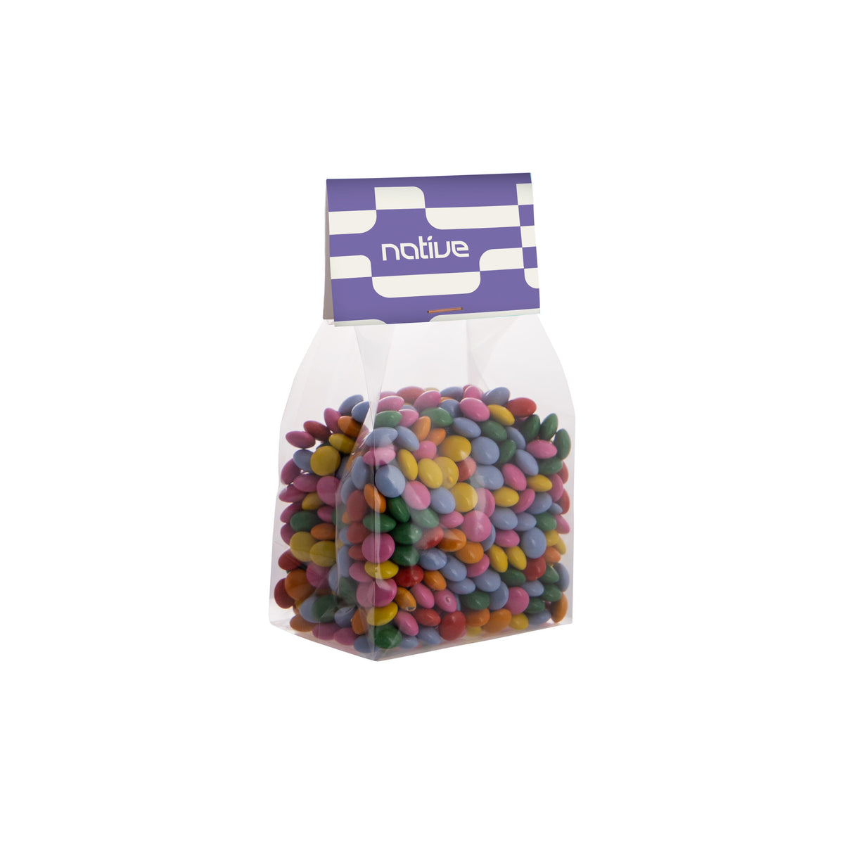 Transparant blokzakje van 14 cm hoog met 150 gram snoep en bedrukt kopkaartje: Mini choco