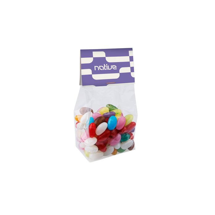 Transparant blokzakje van 14 cm hoog met 150 gram snoep en bedrukt kopkaartje: Jelly beans