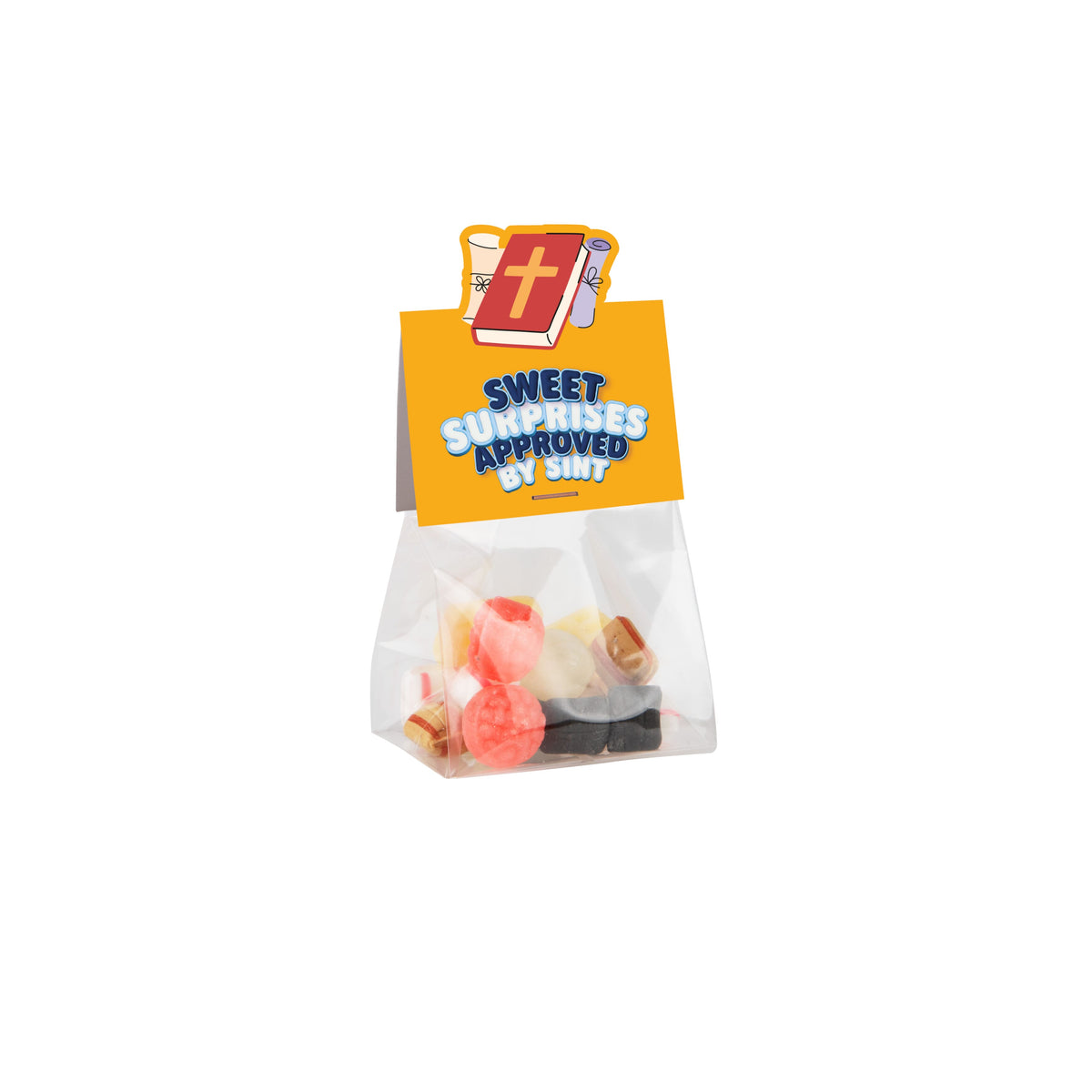 Transparant blokzakje met 50 gram snoep en een full colour kopkaartje in eigen vorm: Oud Hollandse mix