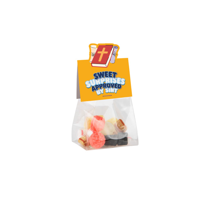 Transparant blokzakje met 50 gram snoep en een full colour kopkaartje in eigen vorm: Oud Hollandse mix