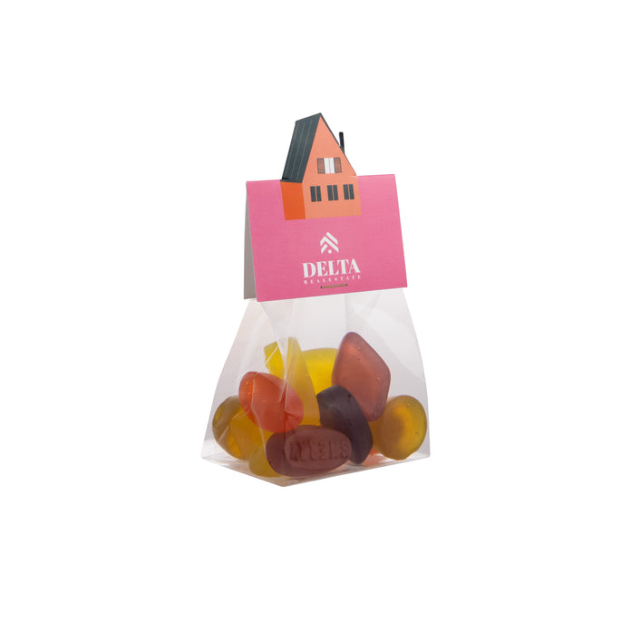 Transparant blokzakje met 50 gram snoep en een full colour kopkaartje in eigen vorm: Winegums