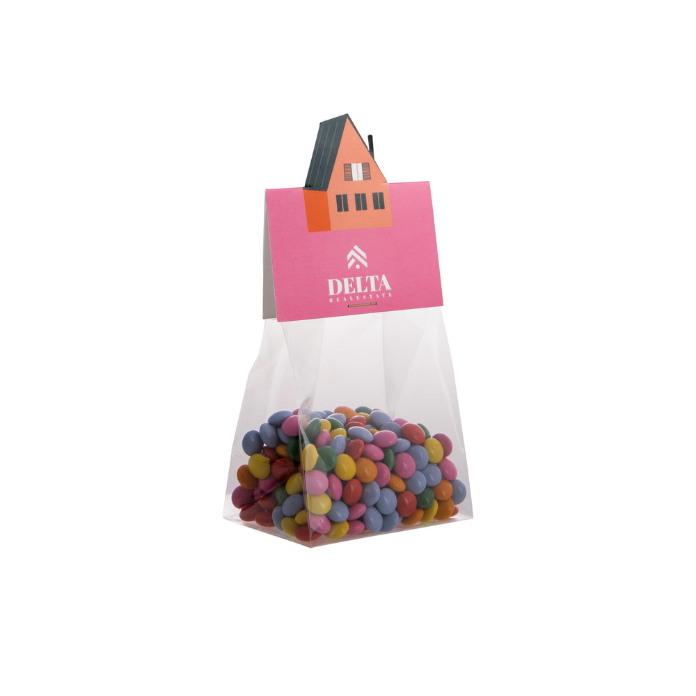 Transparant blokzakje met 50 gram snoep en een full colour kopkaartje in eigen vorm: Mini choco