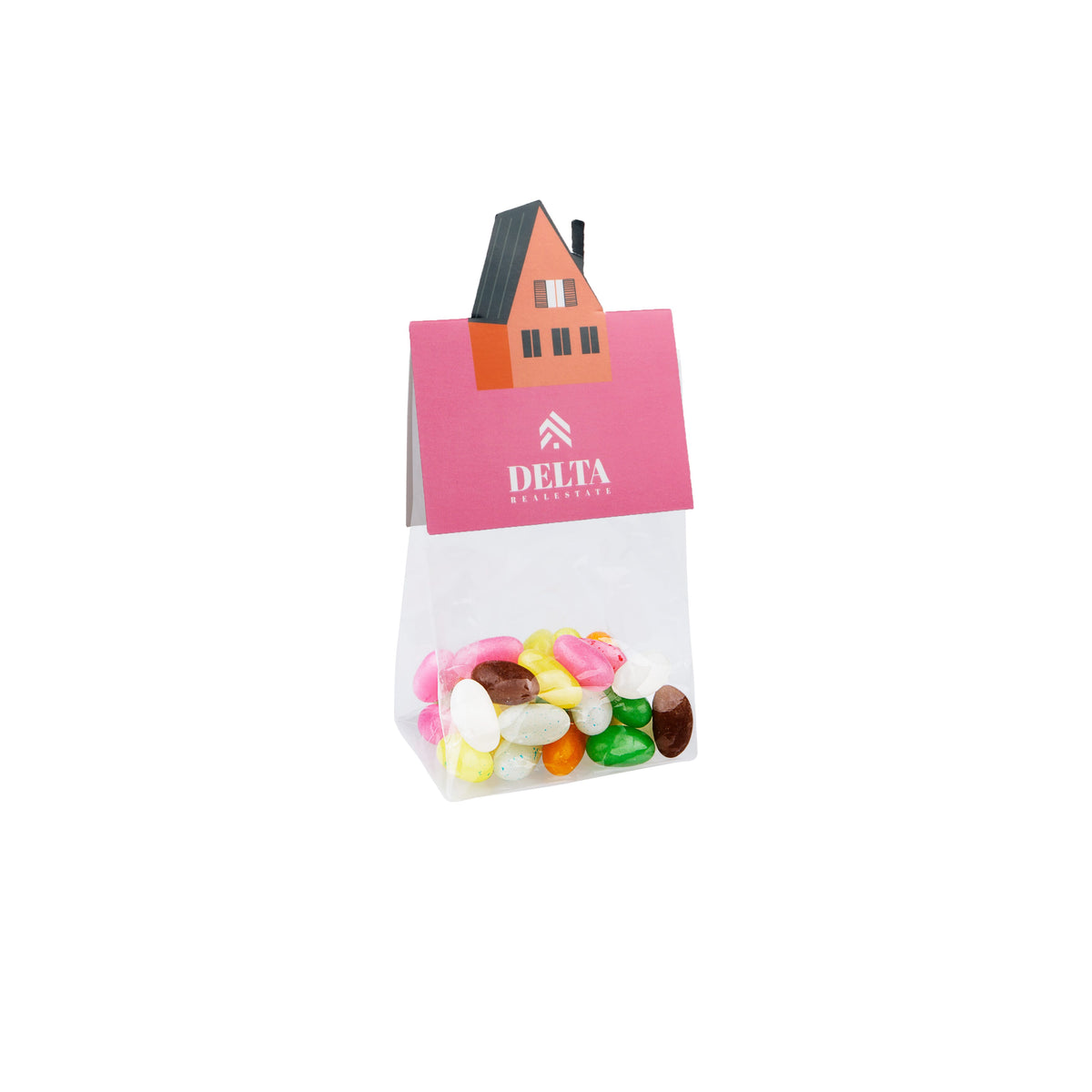 Transparant blokzakje met 50 gram snoep en een full colour kopkaartje in eigen vorm: Jelly beans