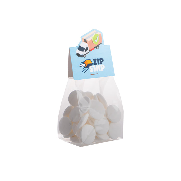 Blokzakje met 100 gram snoep en een kopkaartje in eigen vorm met logo