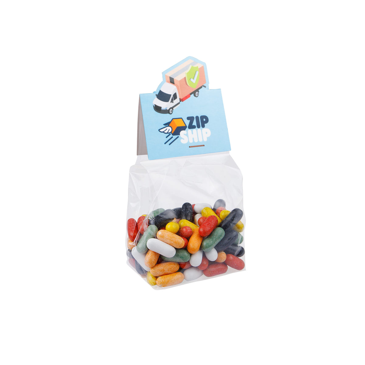 Blokzakje met 100 gram snoep en een kopkaartje in eigen vorm met logo: Dropstaafjes mix