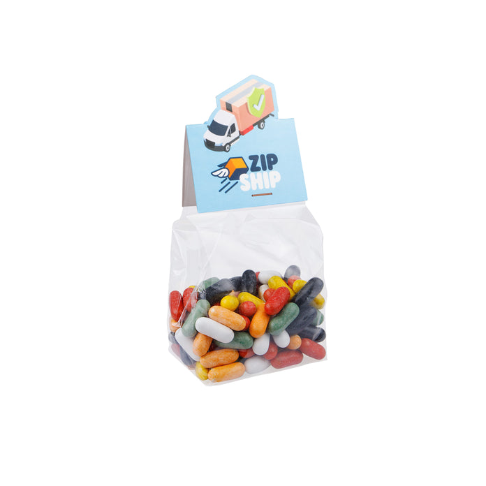 Blokzakje met 100 gram snoep en een kopkaartje in eigen vorm met logo: Dropstaafjes mix