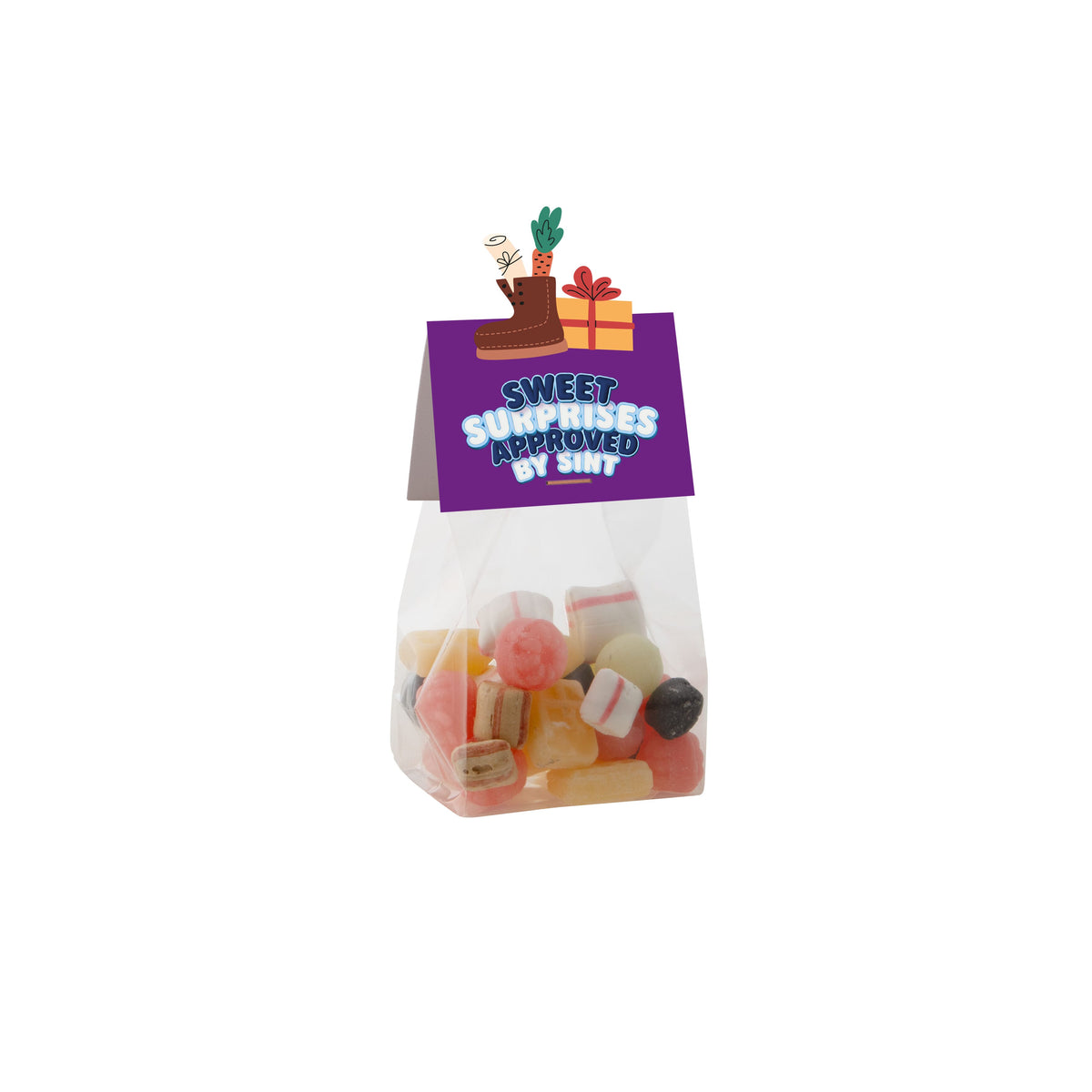 Blokzakje met 100 gram snoep en een kopkaartje in eigen vorm met logo: Oud Hollandse mix