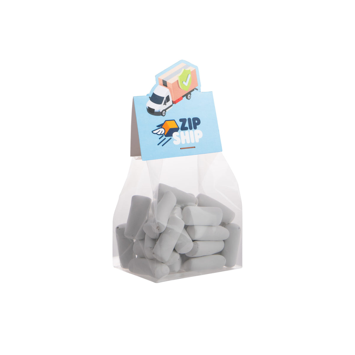 Blokzakje met 100 gram snoep en een kopkaartje in eigen vorm met logo: Schoolkrijt