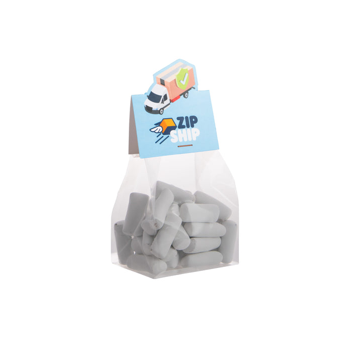 Blokzakje met 100 gram snoep en een kopkaartje in eigen vorm met logo: Schoolkrijt