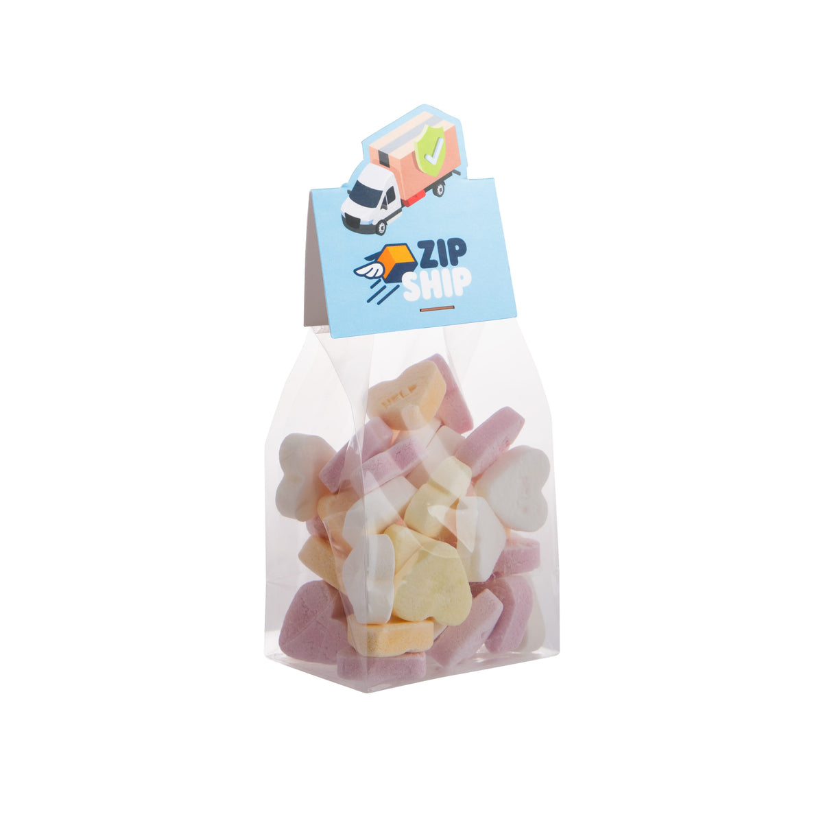 Blokzakje met 100 gram snoep en een kopkaartje in eigen vorm met logo: Vruchtenhartjes