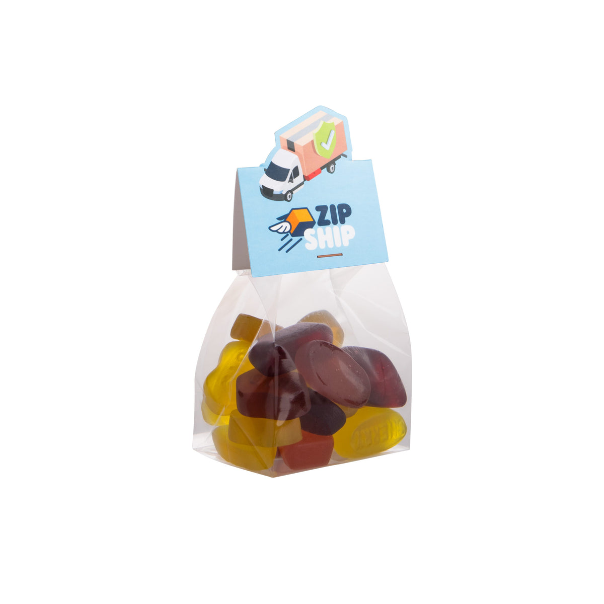 Blokzakje met 100 gram snoep en een kopkaartje in eigen vorm met logo: Winegums