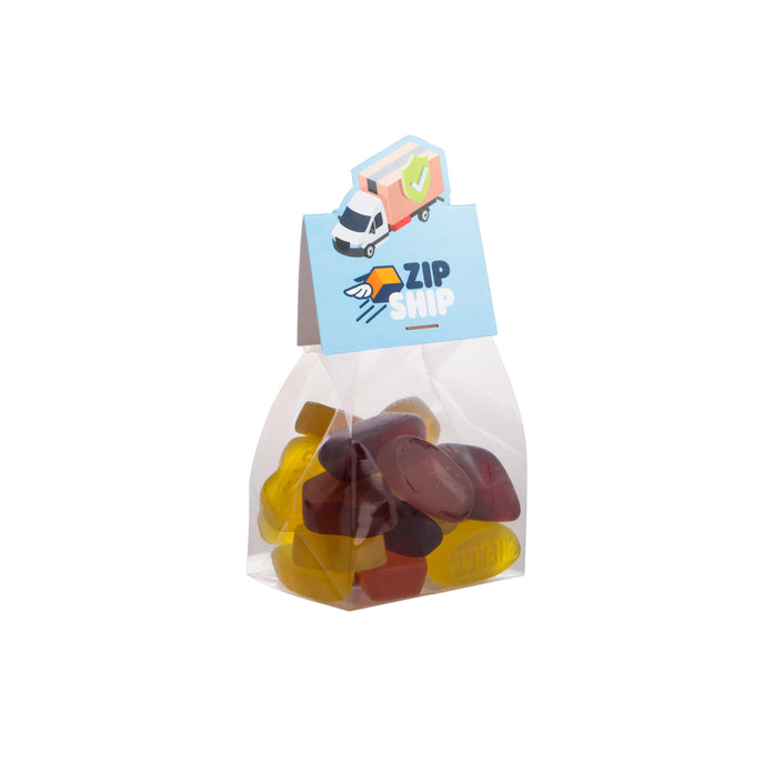 Blokzakje met 100 gram snoep en een kopkaartje in eigen vorm met logo: Winegums