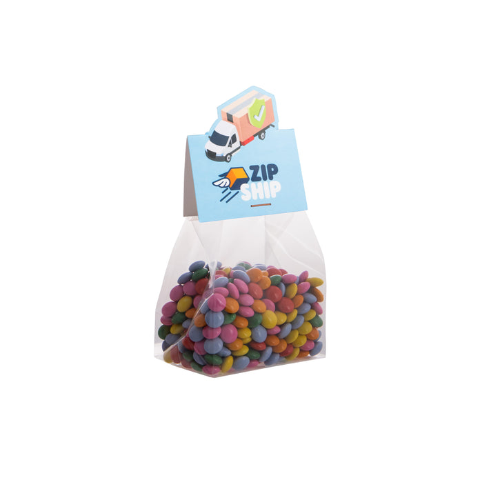 Blokzakje met 100 gram snoep en een kopkaartje in eigen vorm met logo: Mini choco