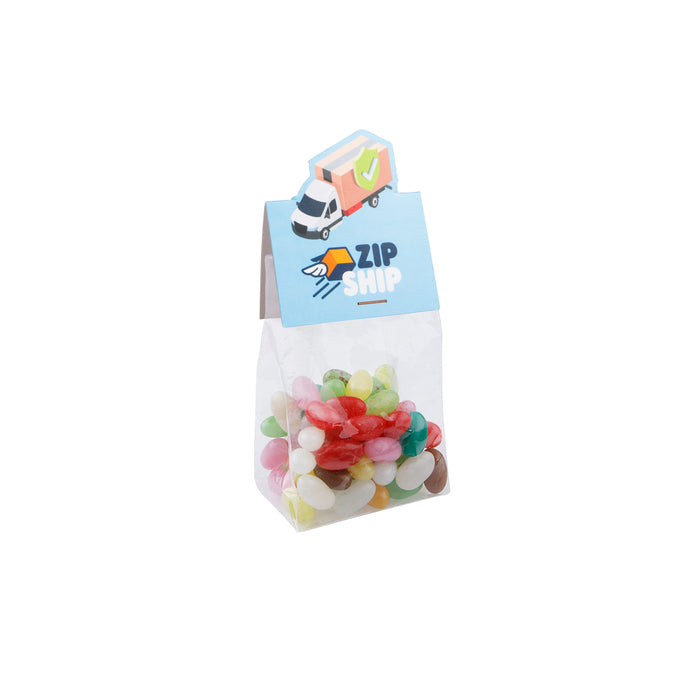 Blokzakje met 100 gram snoep en een kopkaartje in eigen vorm met logo: Jelly beans