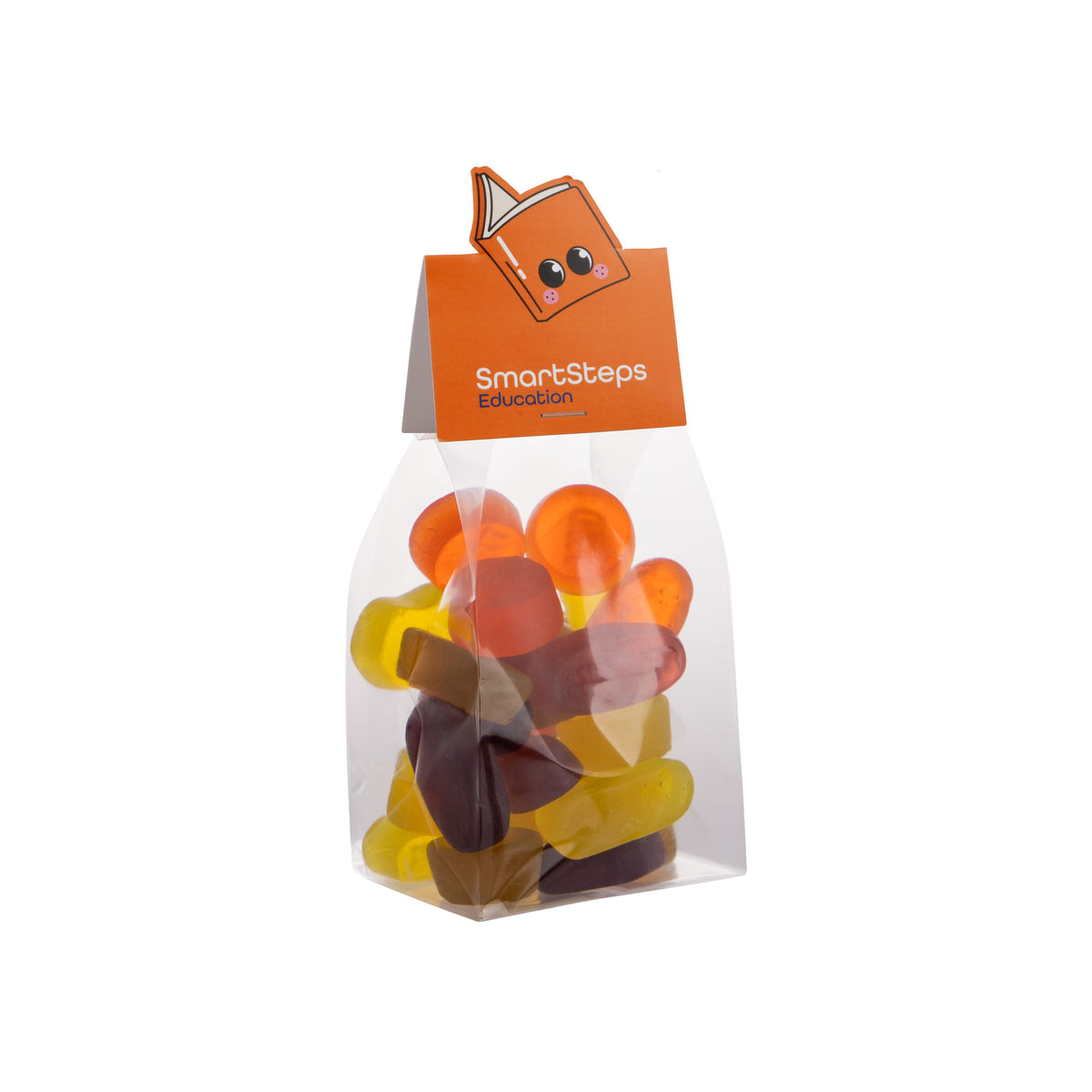 Groot transparant blokzakje met 150 gram snoep en kopkaartje in eigen vorm: Winegums