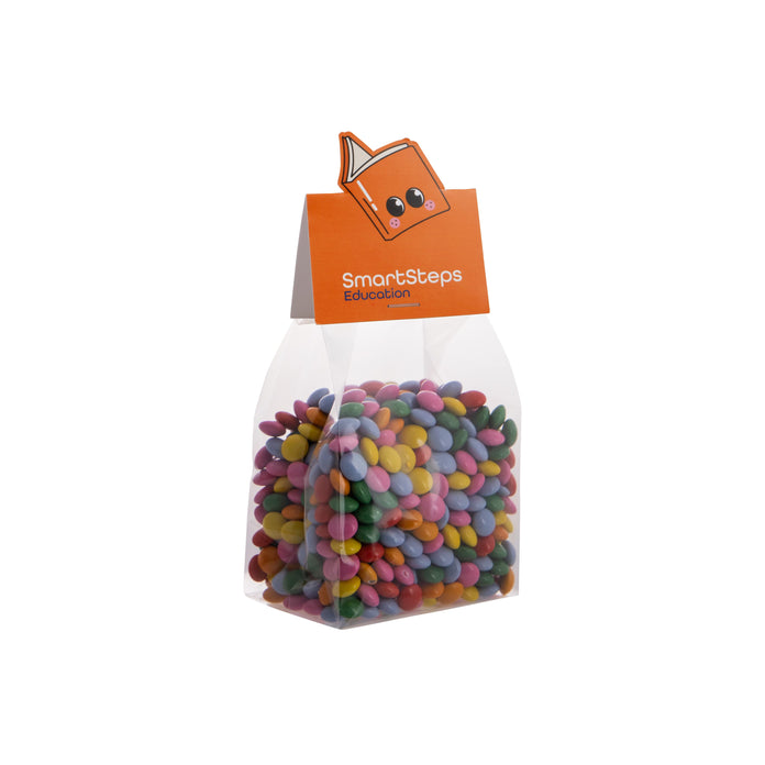 Groot transparant blokzakje met 150 gram snoep en kopkaartje in eigen vorm: Mini choco