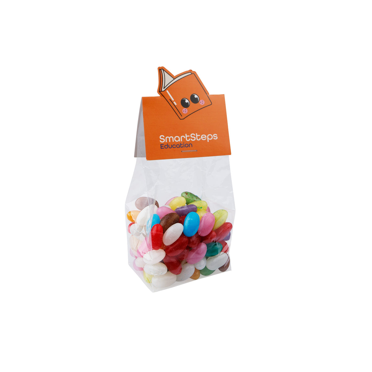 Groot transparant blokzakje met 150 gram snoep en kopkaartje in eigen vorm: Jelly beans