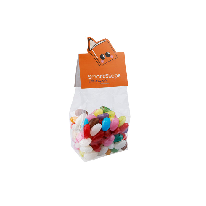 Groot transparant blokzakje met 150 gram snoep en kopkaartje in eigen vorm: Jelly beans