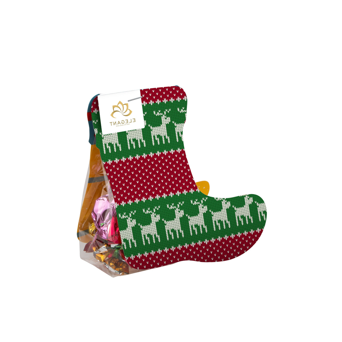 Full colour bedrukte kerstsokkaart met transparant stazakje gevuld met metallic sweets