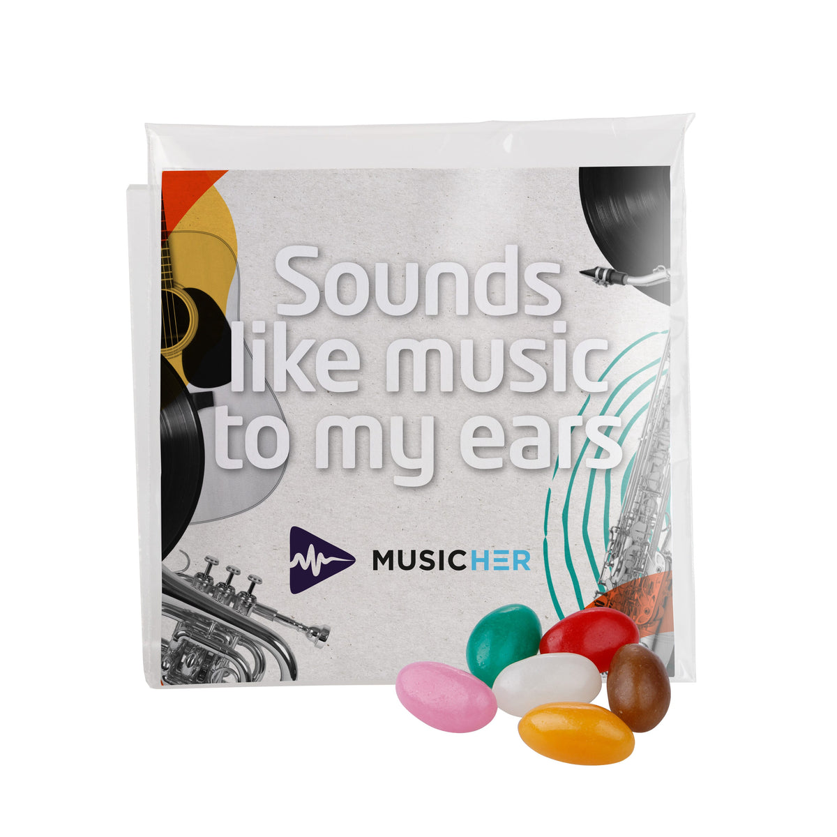 Transparant zakje met full colour bedrukte inlay en vulling van snoep: Jelly beans