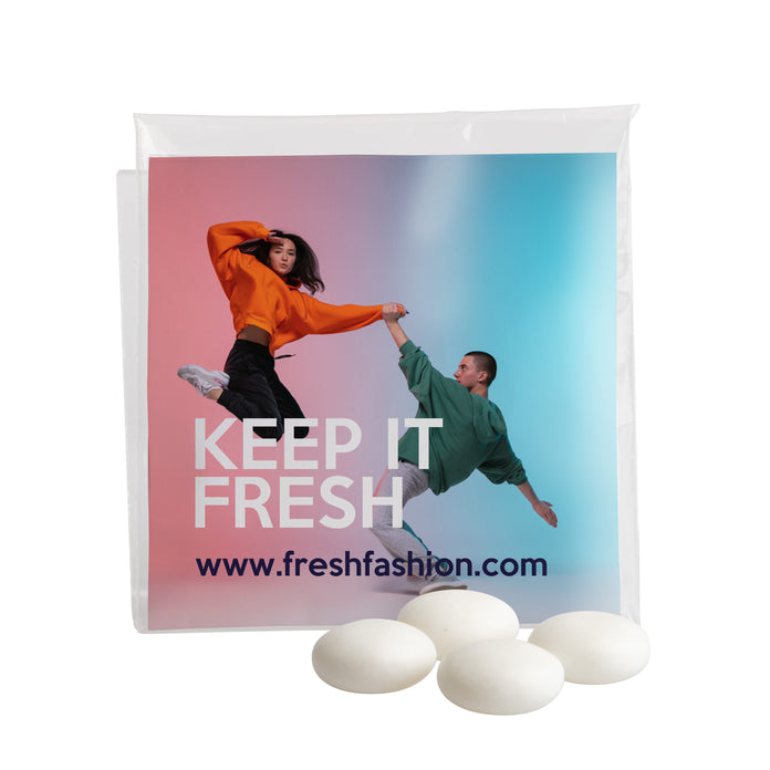 Transparant zakje met full colour bedrukte inlay en vulling van snoep: Mentos mint