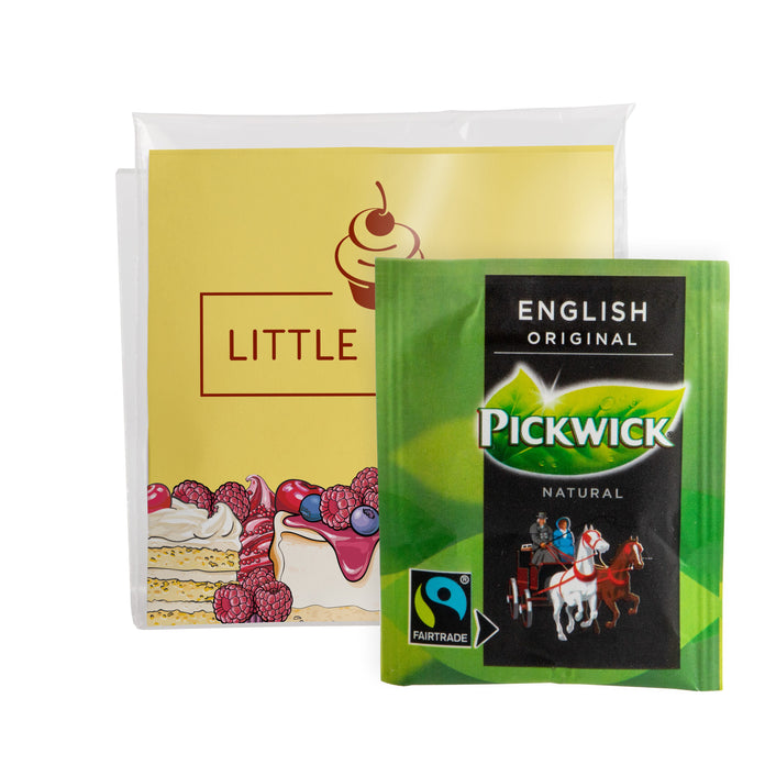 Transparant zakje met full colour bedrukte inlay en vulling van snoep: Pickwick thee English Breakfast