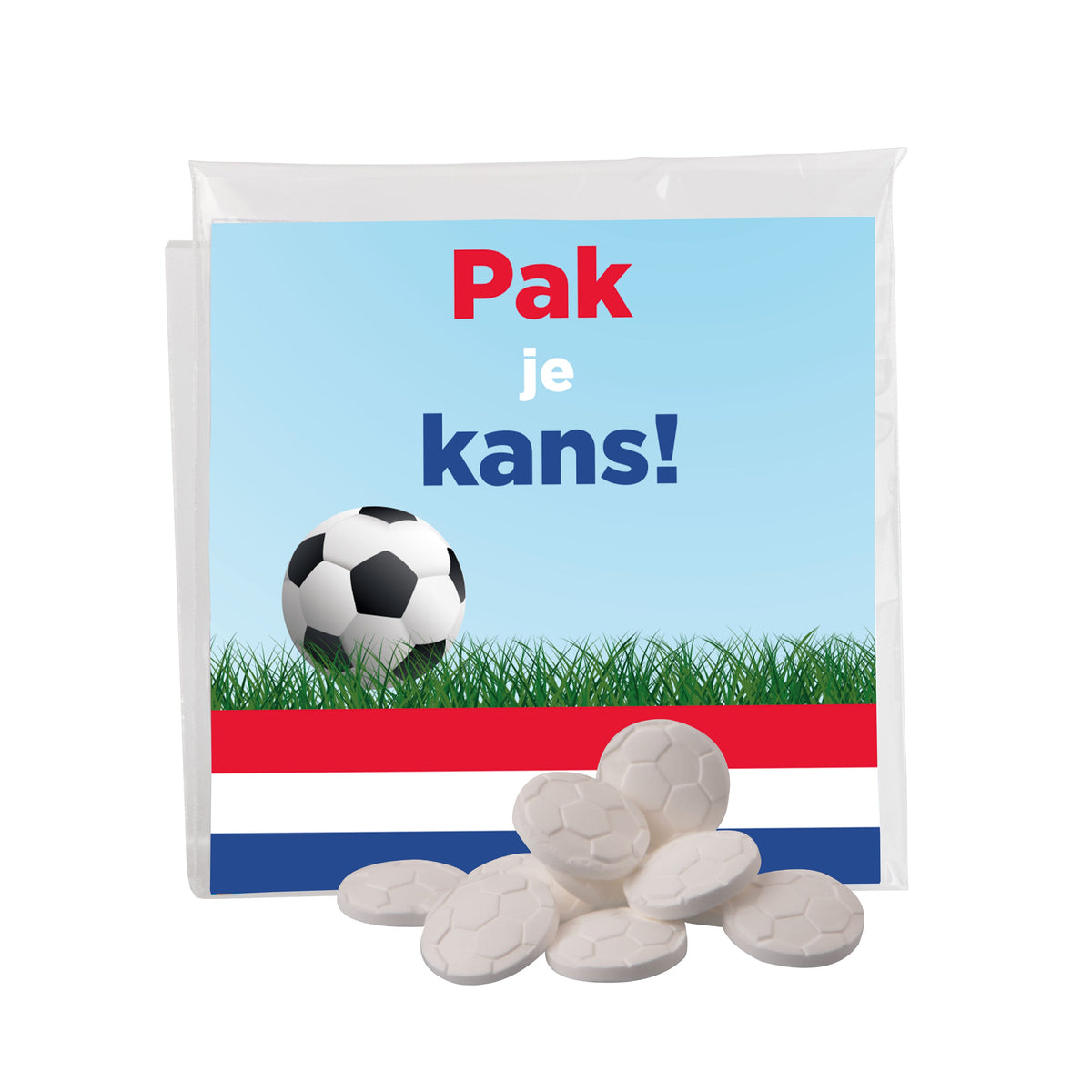 Transparant zakje met full colour bedrukte inlay en vulling van snoep: Voetbal