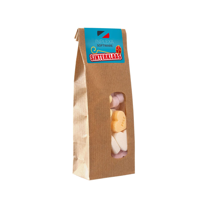 Bruin kraftzakje met venster gevuld met snoep en een full colour sticker: Vruchtenhartjes