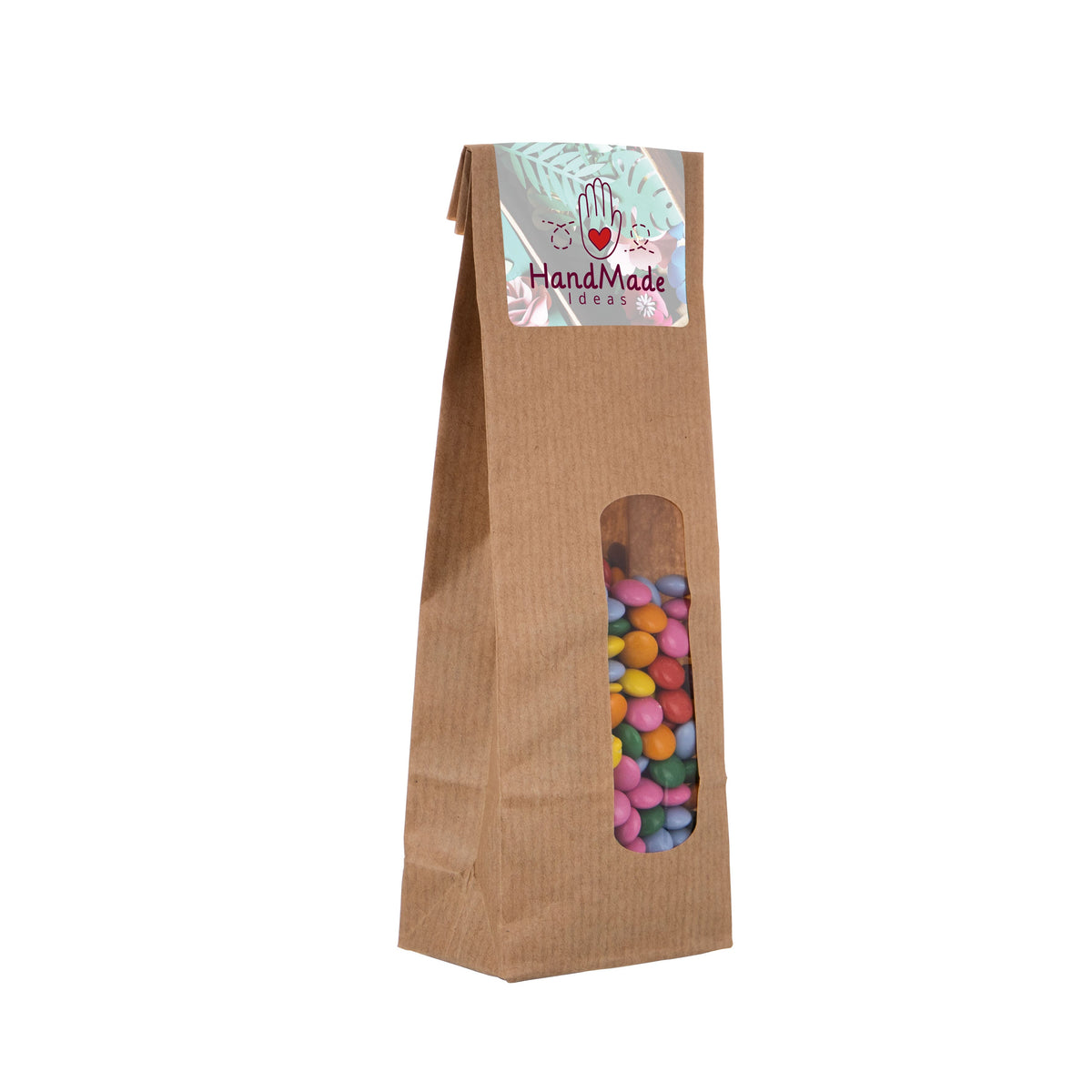 Bruin kraftzakje met venster gevuld met snoep en een full colour sticker: Mini choco