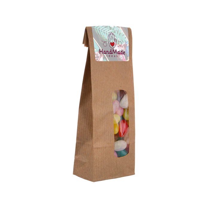 Bruin kraftzakje met venster gevuld met snoep en een full colour sticker: Jelly beans