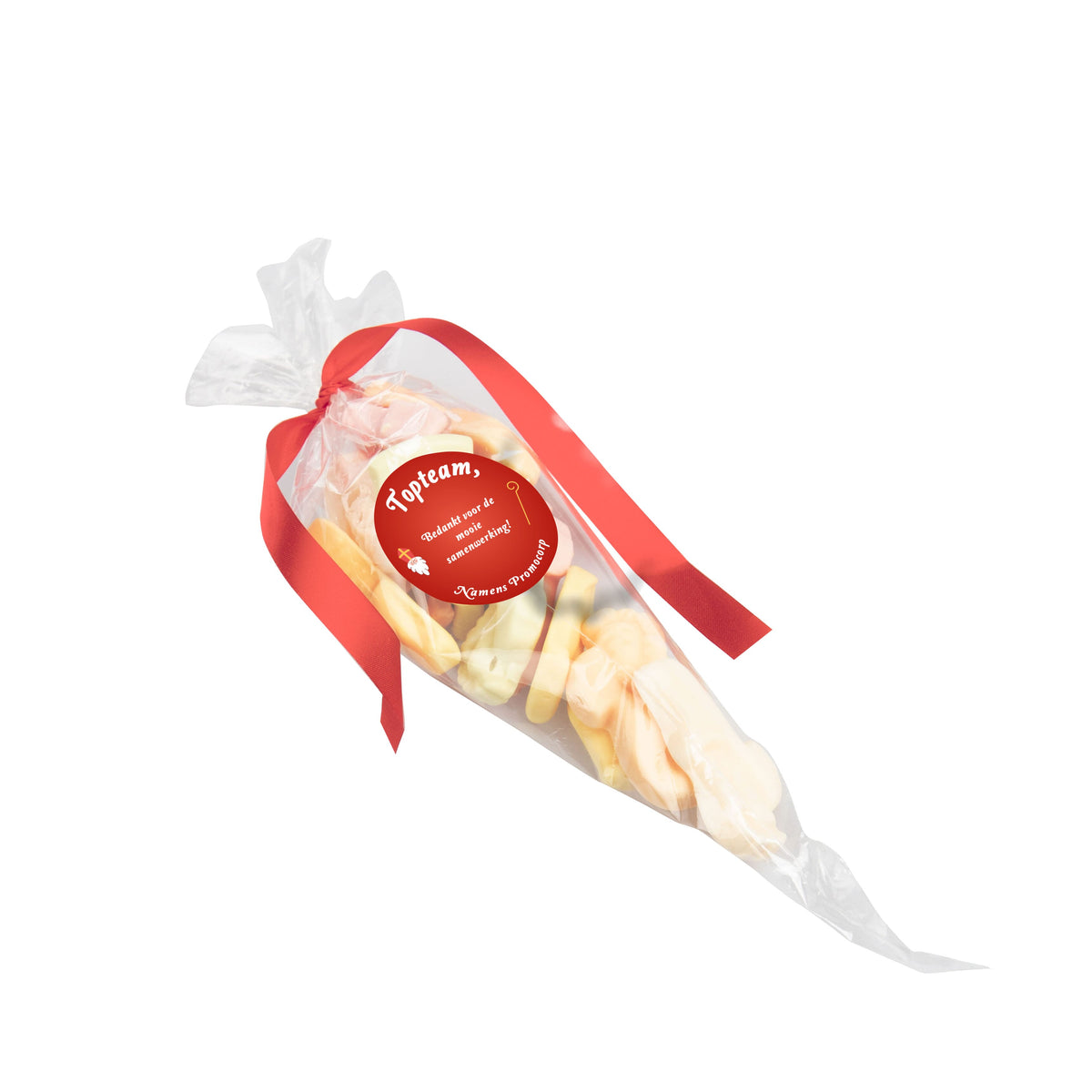Transparante puntzak gevuld met snoep, met rood lintje en ronde sticker met logo: Sintschuim