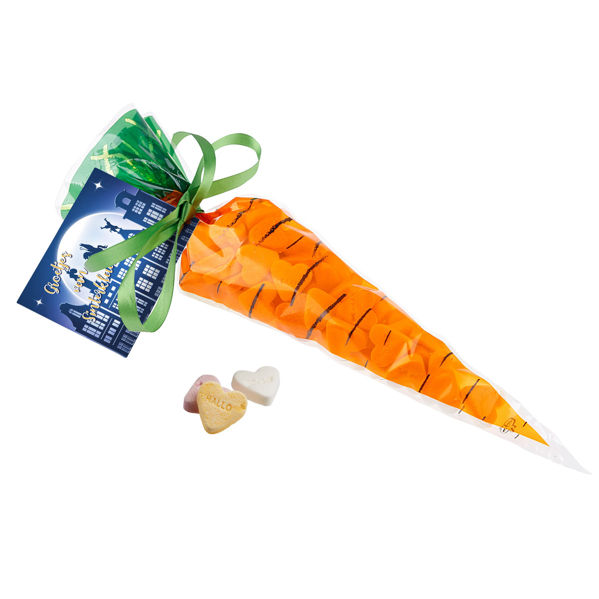 Wortel puntzak gevuld met snoep, met groen lintje en full colour bedrukt kaartje: Vruchtenhartjes