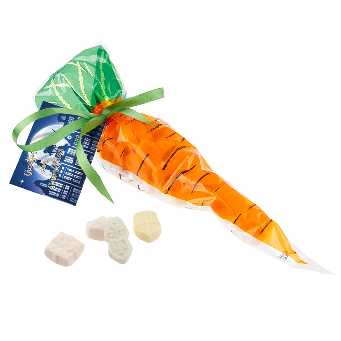 Wortel puntzak gevuld met snoep, met groen lintje en full colour bedrukt kaartje: Sintschuim