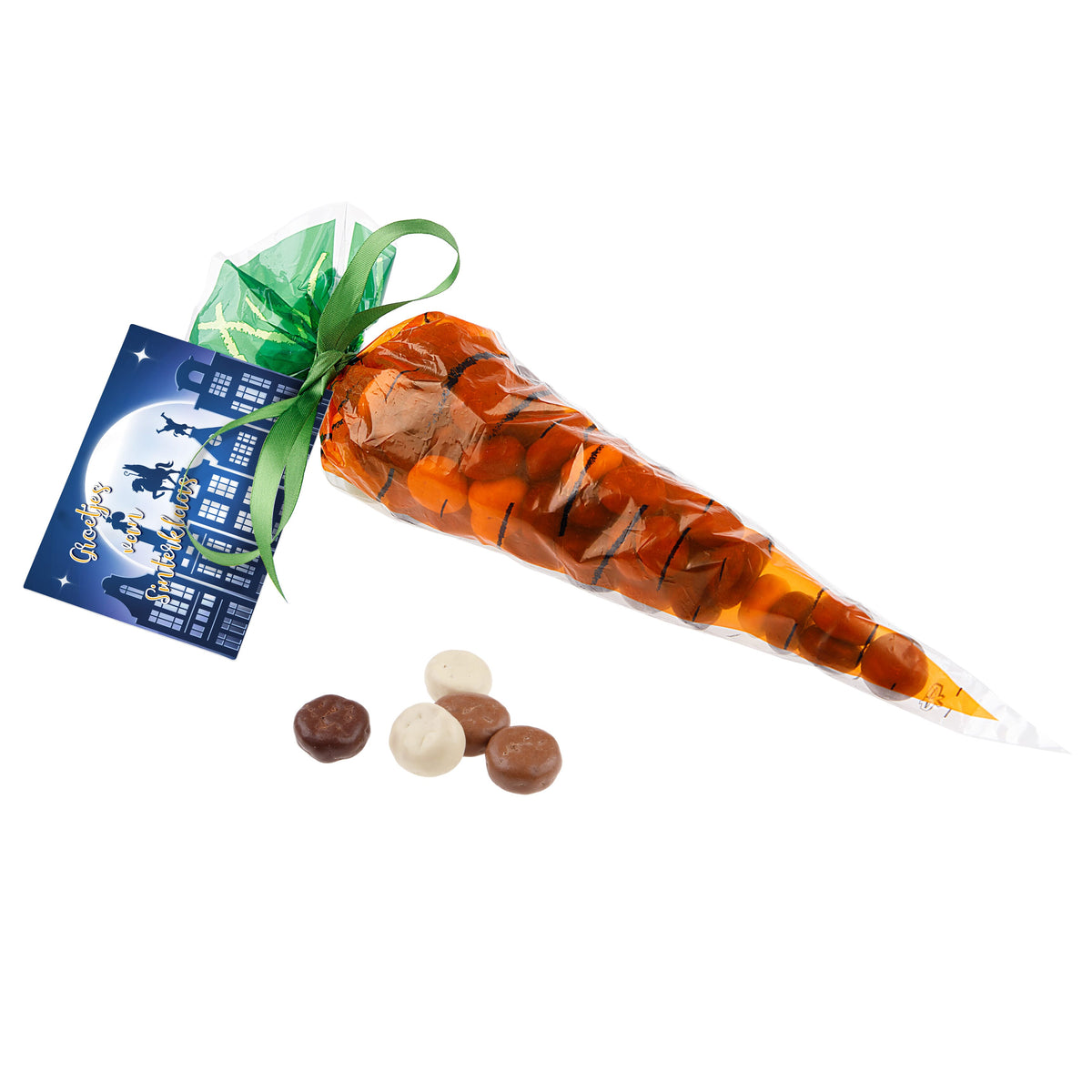 Wortel puntzak gevuld met snoep, met groen lintje en full colour bedrukt kaartje: Gemengde Chocolade Kruidnoten