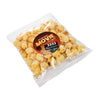 Transparant vierkant zakje zoete popcorn met ronde full colour sticker op de voorzijde