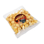 Transparant vierkant zakje zoete popcorn met ronde full colour sticker op de voorzijde