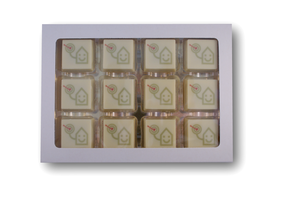 Witte doos met 12 vierkante logobonbons