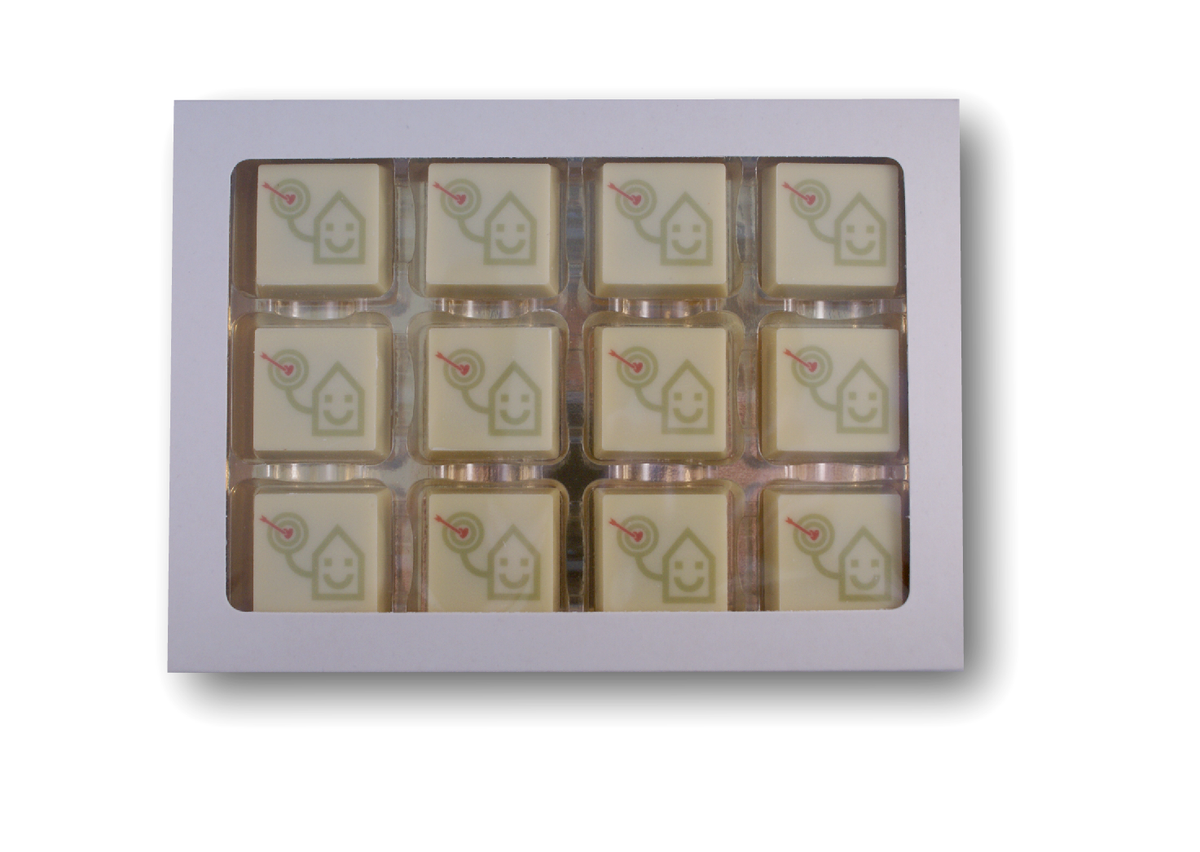 Witte doos met 12 vierkante logobonbons