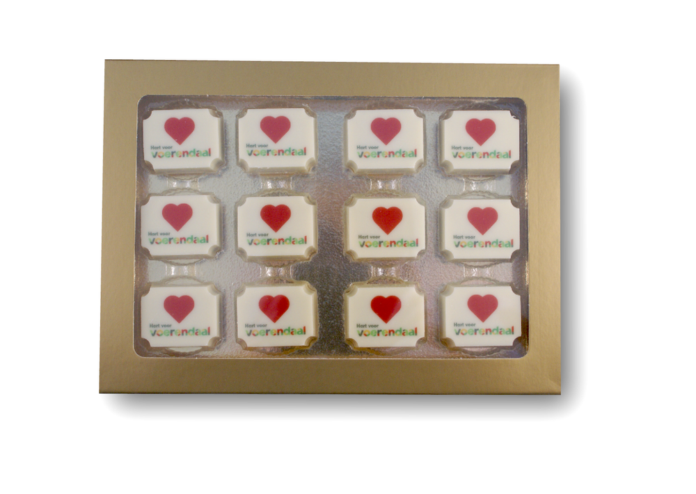 Goudkleurige doos met 12 logobonbons